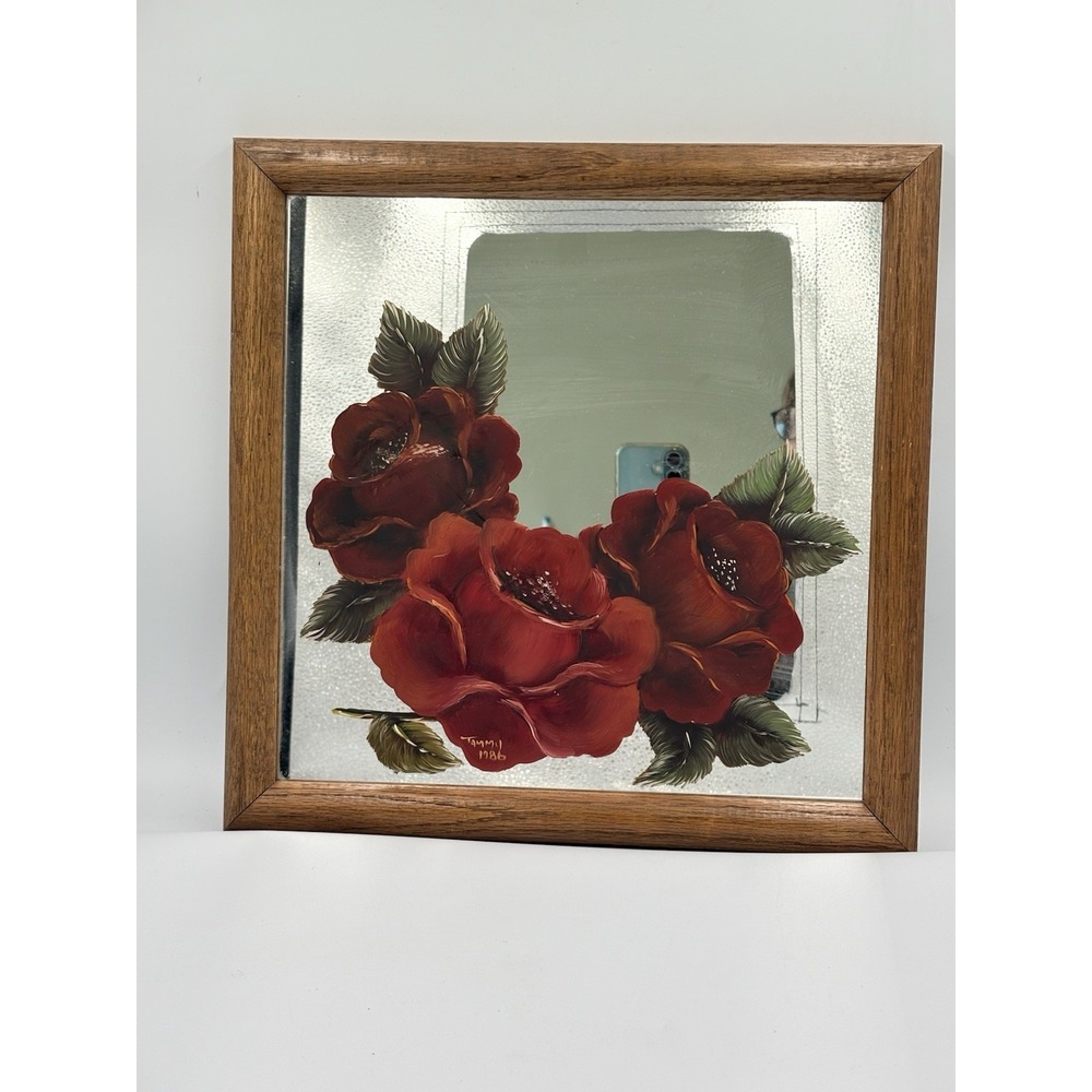 VTG  Hand Painted, Red Rose Wood Framed Mirror Picture  Flaw Read 13" Square